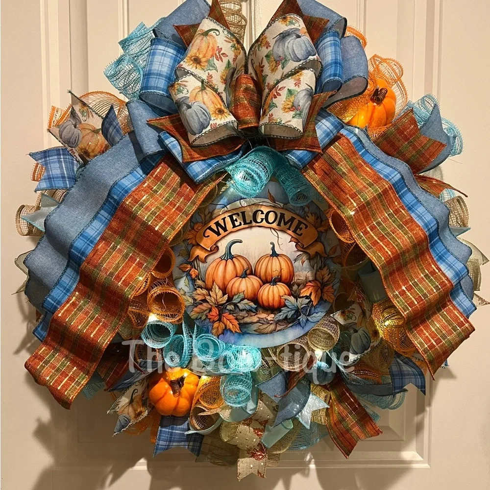 Handmade Fall Autumn Blue Thanksgiving Ribbon Welcome Door Wreath Leaf 22 in LED
